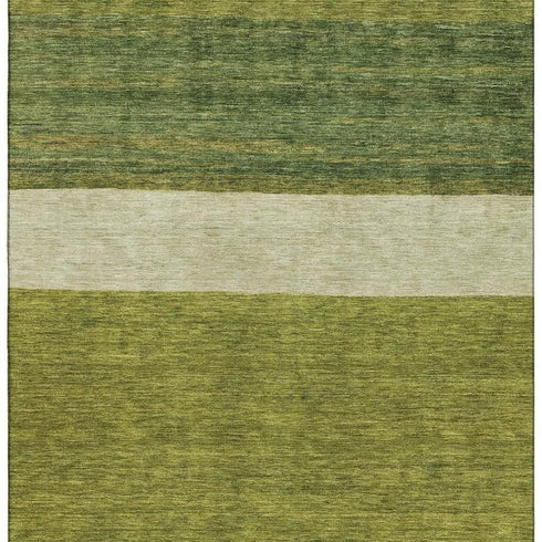 9' X 12' Olive Green And Ivory Striped Washable Area Rug With UV Protection