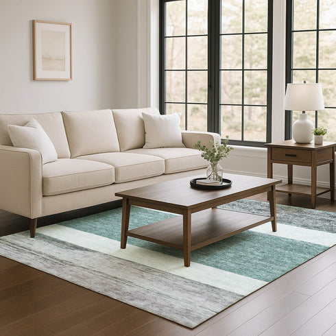 5' X 8' Teal Ivory And Gray Striped Washable Area Rug With UV Protection