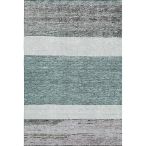 5' X 8' Teal Ivory And Gray Striped Washable Area Rug With UV Protection