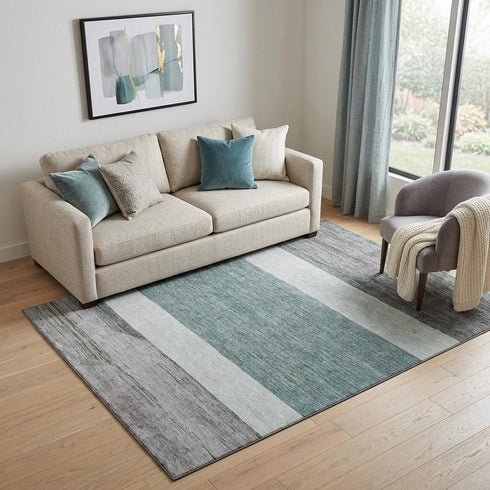 5' X 8' Teal Ivory And Gray Striped Washable Area Rug With UV Protection