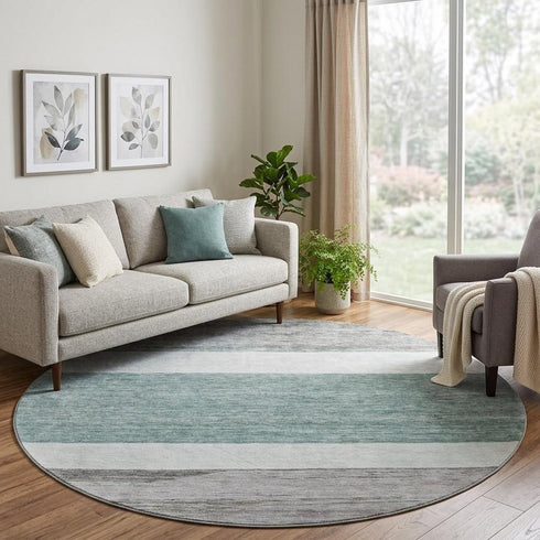 8' Teal Ivory And Gray Striped Washable Round Rug With UV Protection