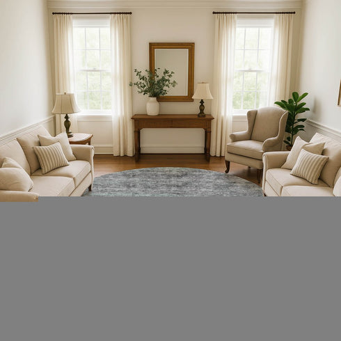8' Teal Ivory And Gray Striped Washable Round Rug With UV Protection