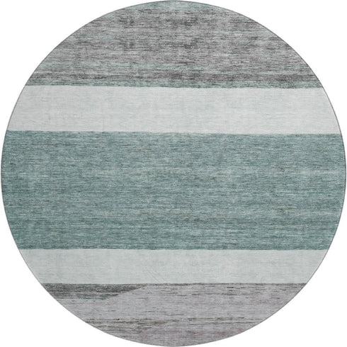 8' Teal Ivory And Gray Striped Washable Round Rug With UV Protection