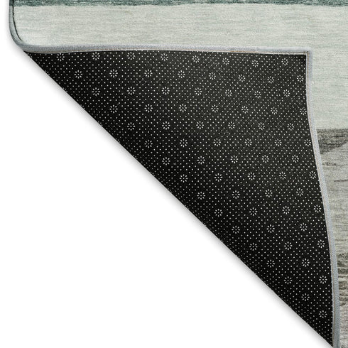 8' Teal Ivory And Gray Striped Washable Round Rug With UV Protection