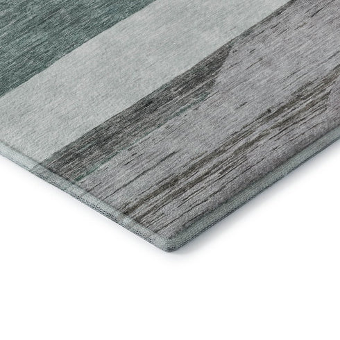 8' Teal Ivory And Gray Striped Washable Round Rug With UV Protection
