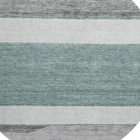 8' Teal Ivory And Gray Striped Washable Round Rug With UV Protection