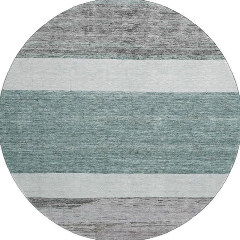 8' Teal Ivory And Gray Striped Washable Round Rug With UV Protection