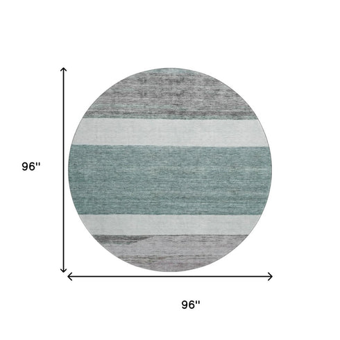 8' Teal Ivory And Gray Striped Washable Round Rug With UV Protection