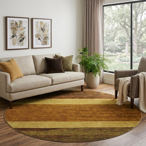8' Terra Cotta Gold And Brown Striped Washable Round Rug With UV Protection