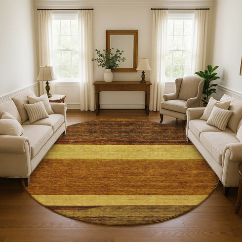 8' Terra Cotta Gold And Brown Striped Washable Round Rug With UV Protection