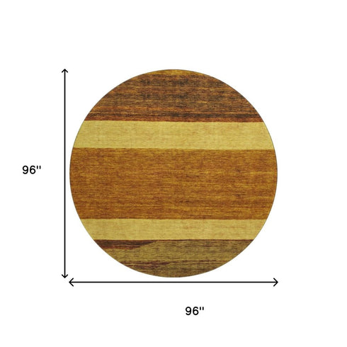 8' Terra Cotta Gold And Brown Striped Washable Round Rug With UV Protection