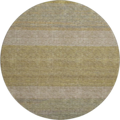 8' Wheat Gold And Linen Striped Washable Round Rug With UV Protection