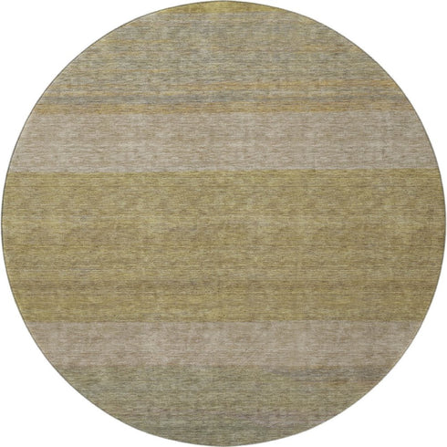 8' Wheat Gold And Linen Striped Washable Round Rug With UV Protection