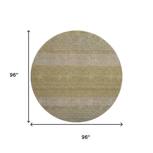 8' Wheat Gold And Linen Striped Washable Round Rug With UV Protection