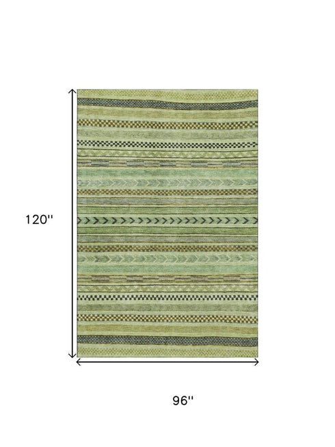 8' X 10' Artichoke Green Gray And Sage Striped Washable Area Rug With UV Protection