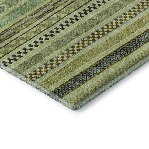 8' X 10' Artichoke Green Gray And Sage Striped Washable Area Rug With UV Protection