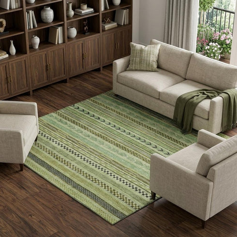 8' X 10' Artichoke Green Gray And Sage Striped Washable Area Rug With UV Protection