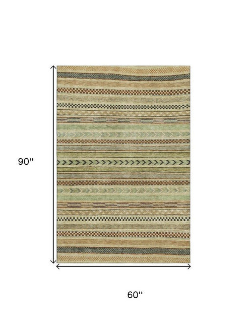 5' X 8' Beige Taupe And Brown Striped Washable Area Rug With UV Protection