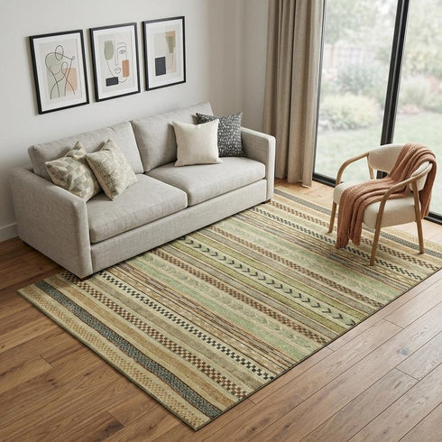 5' X 8' Beige Taupe And Brown Striped Washable Area Rug With UV Protection