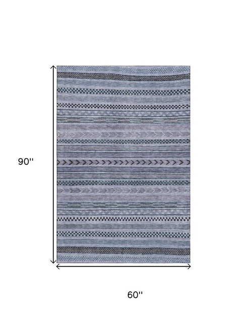 5' X 8' Blue And Gray Striped Washable Area Rug With UV Protection