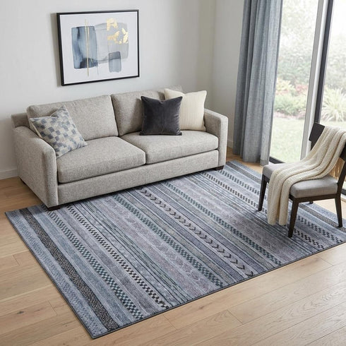 5' X 8' Blue And Gray Striped Washable Area Rug With UV Protection