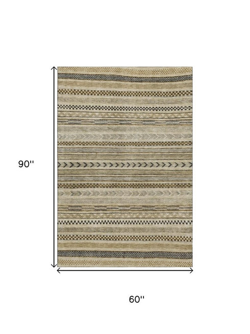 5' X 8' Chocolate Gray And Ivory Striped Washable Area Rug With UV Protection