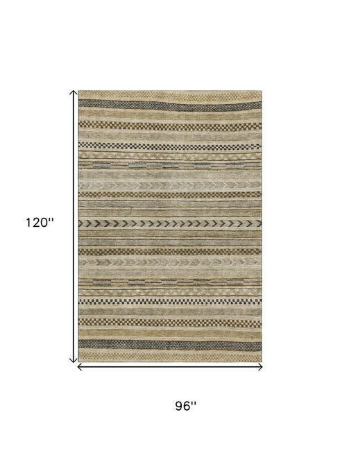 8' X 10' Chocolate Gray And Ivory Striped Washable Area Rug With UV Protection