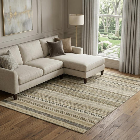 8' X 10' Chocolate Gray And Ivory Striped Washable Area Rug With UV Protection