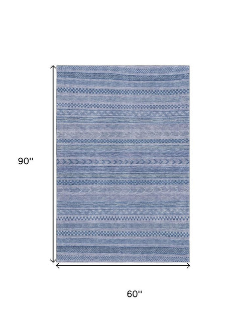 5' X 8' Denim Blue And Gray Striped Washable Area Rug With UV Protection