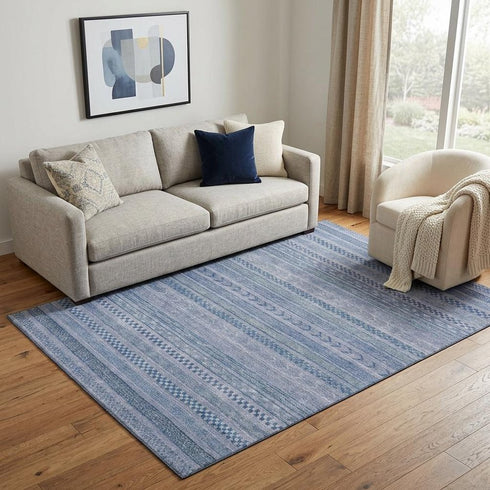 5' X 8' Denim Blue And Gray Striped Washable Area Rug With UV Protection