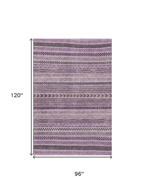 8' X 10' Plum And Gray Striped Washable Area Rug With UV Protection