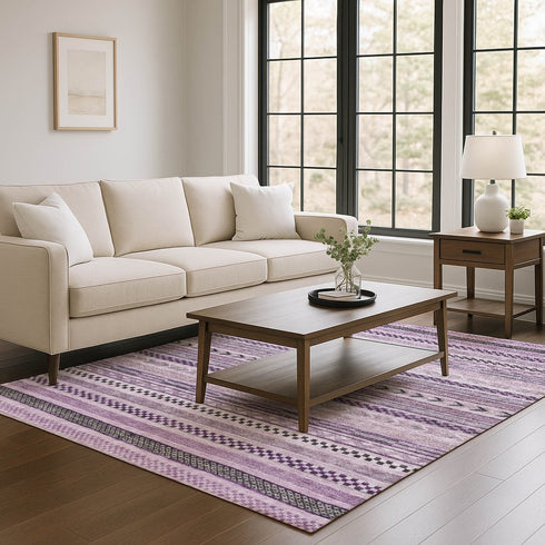 8' X 10' Plum And Gray Striped Washable Area Rug With UV Protection