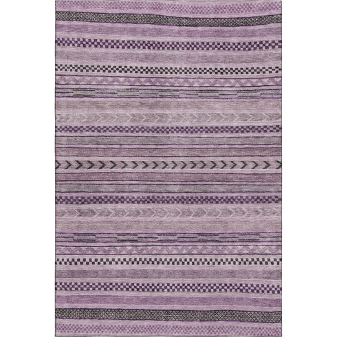 8' X 10' Plum And Gray Striped Washable Area Rug With UV Protection