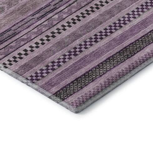 8' X 10' Plum And Gray Striped Washable Area Rug With UV Protection