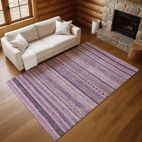 8' X 10' Plum And Gray Striped Washable Area Rug With UV Protection