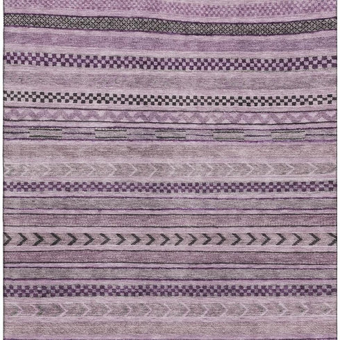 8' X 10' Plum And Gray Striped Washable Area Rug With UV Protection