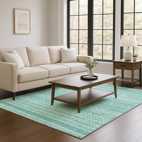8' X 10' Turquoise And Teal Striped Washable Area Rug With UV Protection