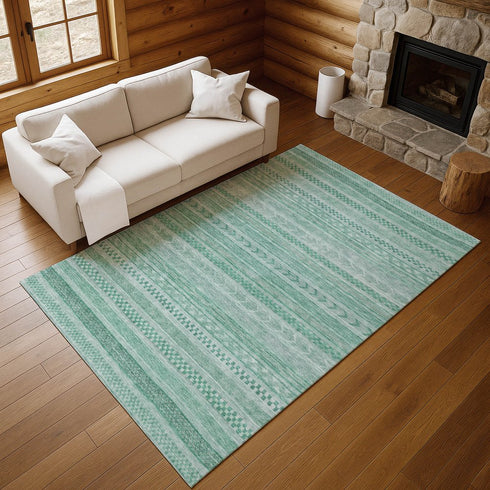 8' X 10' Turquoise And Teal Striped Washable Area Rug With UV Protection