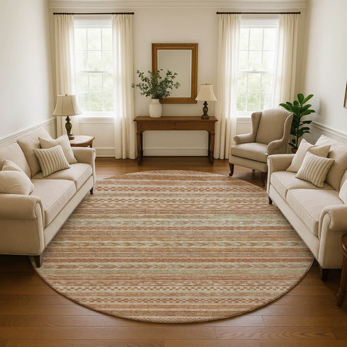 8' Terra Cotta Gold And Beige Striped Washable Round Rug With UV Protection