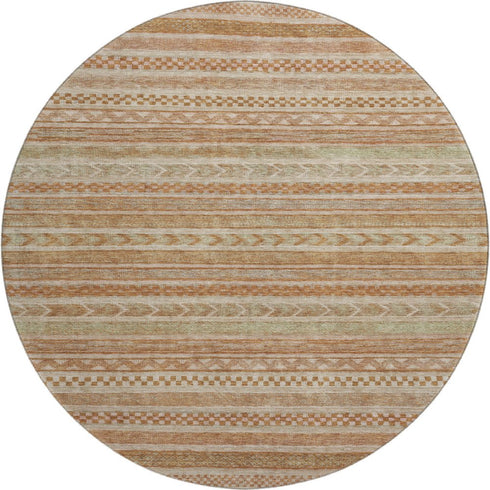 8' Terra Cotta Gold And Beige Striped Washable Round Rug With UV Protection
