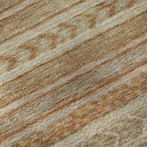 8' Terra Cotta Gold And Beige Striped Washable Round Rug With UV Protection
