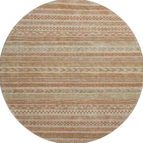 8' Terra Cotta Gold And Beige Striped Washable Round Rug With UV Protection