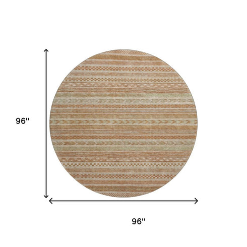 8' Terra Cotta Gold And Beige Striped Washable Round Rug With UV Protection