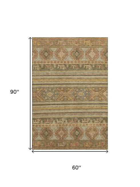 5' X 8' Beige Gold And Gray Medallion Washable Area Rug With UV Protection