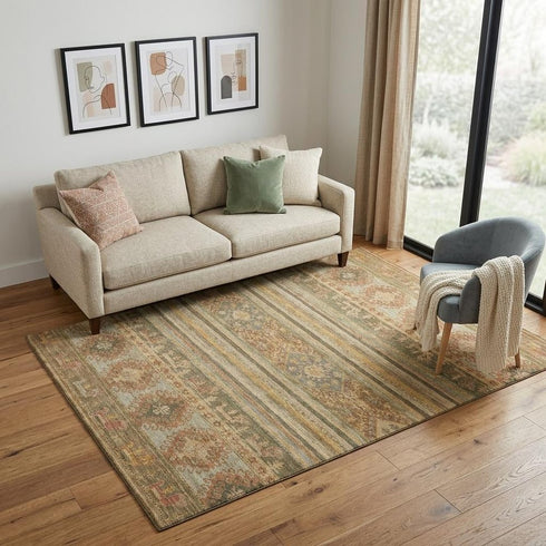 5' X 8' Beige Gold And Gray Medallion Washable Area Rug With UV Protection