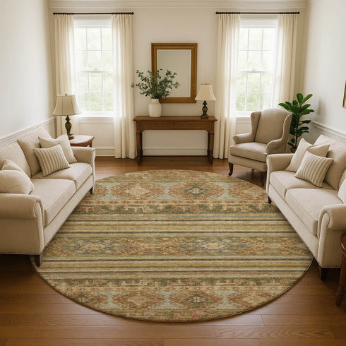 8' Beige Gold And Gray Medallion Washable Round Rug With UV Protection