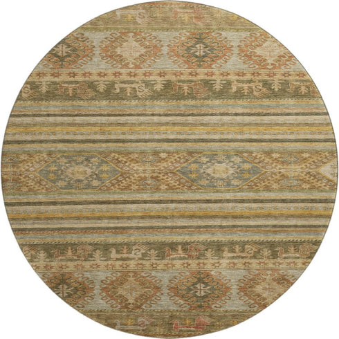 8' Beige Gold And Gray Medallion Washable Round Rug With UV Protection