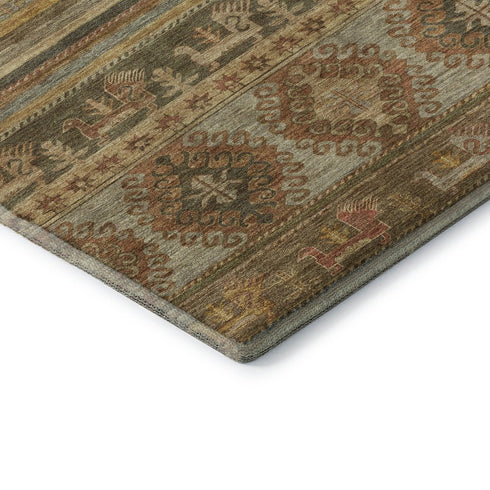 8' Beige Gold And Gray Medallion Washable Round Rug With UV Protection