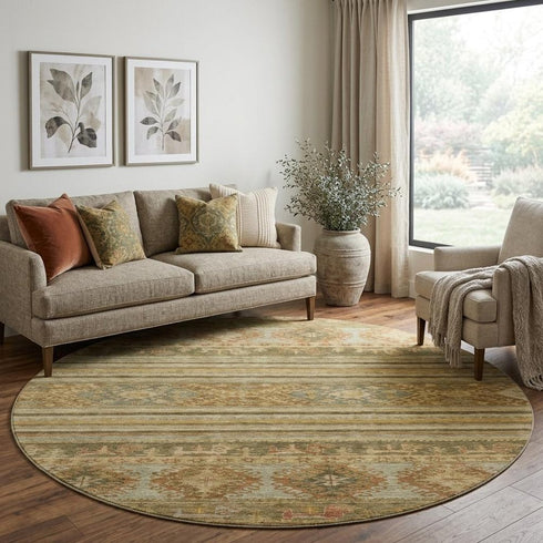 8' Beige Gold And Gray Medallion Washable Round Rug With UV Protection