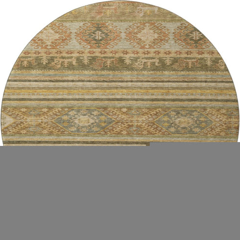 8' Beige Gold And Gray Medallion Washable Round Rug With UV Protection